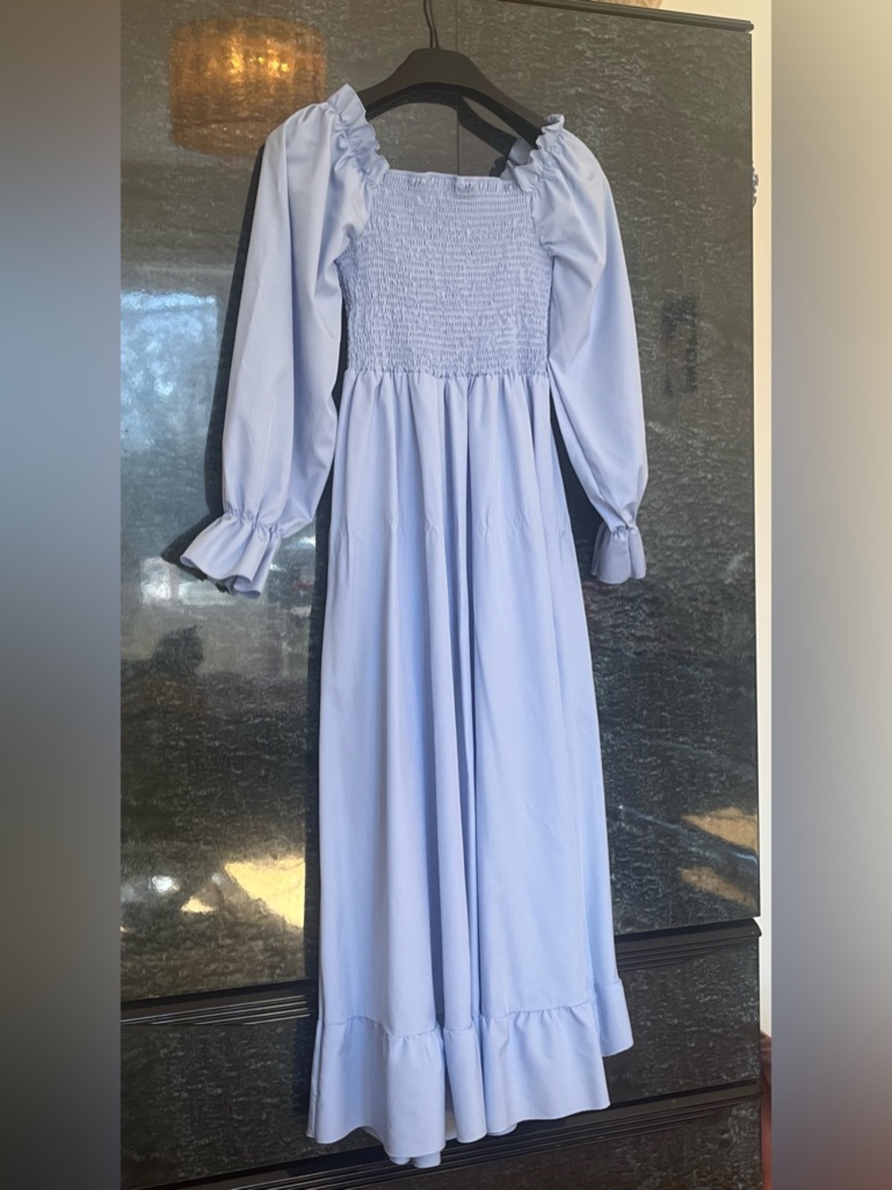 Light Blue Smocked Bodice Maxi Dress with Puff Off-Shoulder Sleeves